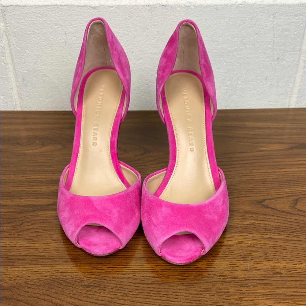 Veronica Beard‎ Gadot Fuschia Suede Leather Peep-Toe Heels Size 6M Barbie Pink